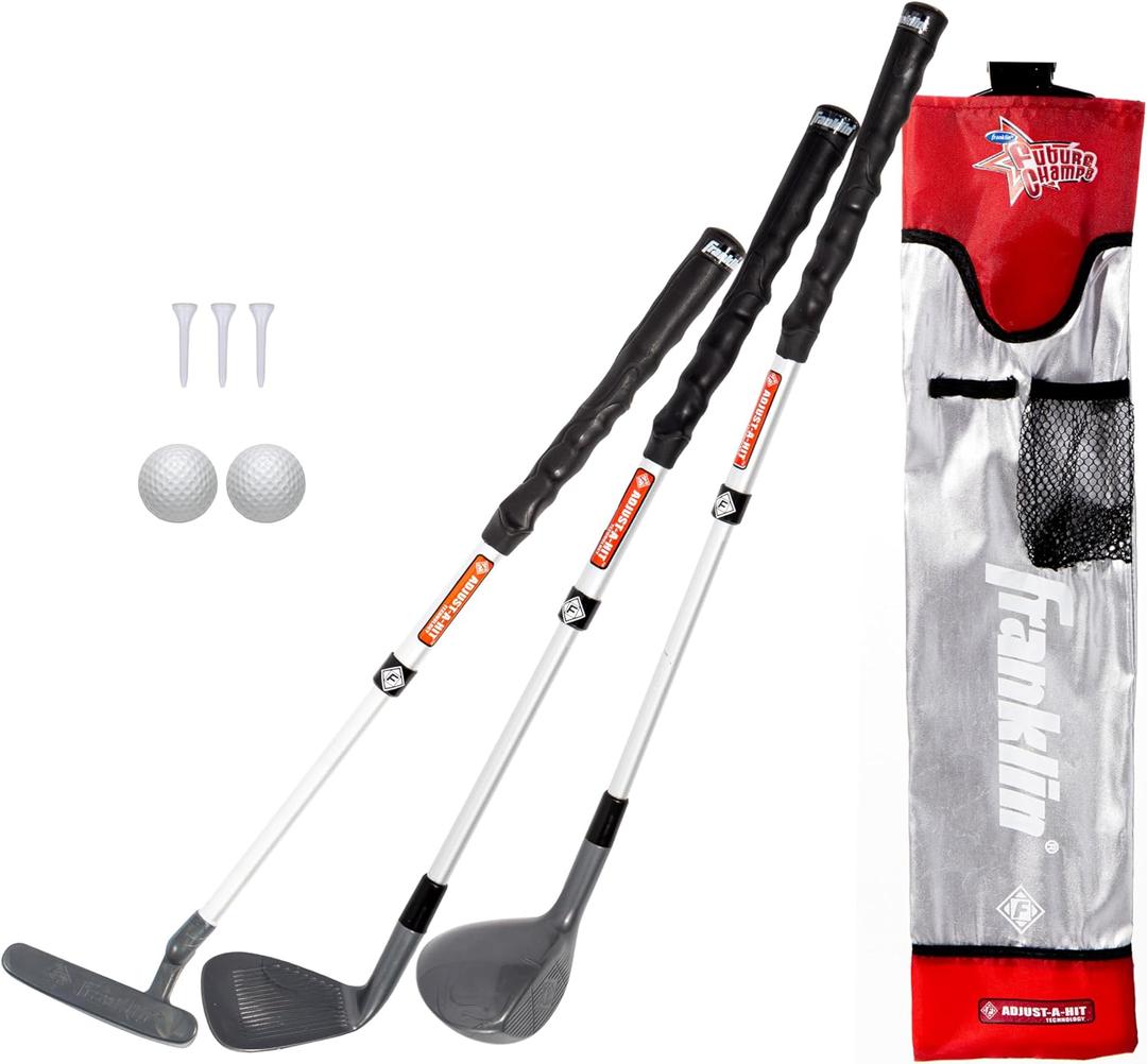 Franklin Sports Kids Golf Set - Youth Adjustable Plastic Golf Club Set - Kids Plastic Golf Set with Bag and Balls - Adjustable Length Clubs for Toddlers, Junior, Right hand, Red (Red)