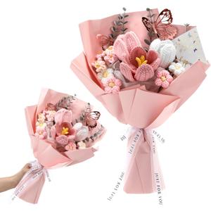 Fanfanwin Father's Day Crochet Flowers Bouquet Gifts Wedding Favors Handmade Tulips Knitted Flowers with Butterfly Card for Graduation Wife Anniversary Teacher Nurse Birthday Party(Pink)