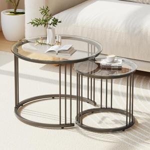 Garden 4 you Nesting Coffee Table, 23.6" Round Coffee Table Set of 2, Glass Nesting Table with Metal Frame, Ceter Tables for Living Room Bedroom Balcony, Black