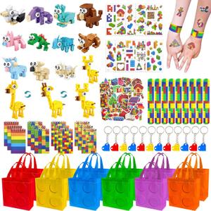 LINAYE 12 Packs Building Blocks Party Favors - 122 Pcs Birthday Party Favors Supplies with Goodie Bags, Animals Building Blocks, Notebooks, Tattoo Stickers Sheets Gift Bag Stuffers for Kids