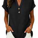ANRABESS Womens Spring Tops 2026 Short Sleeve Shirts Henley Dressy Casual Blouses V Neck Fashion Tunics Trendy Flowy Clothing Black S