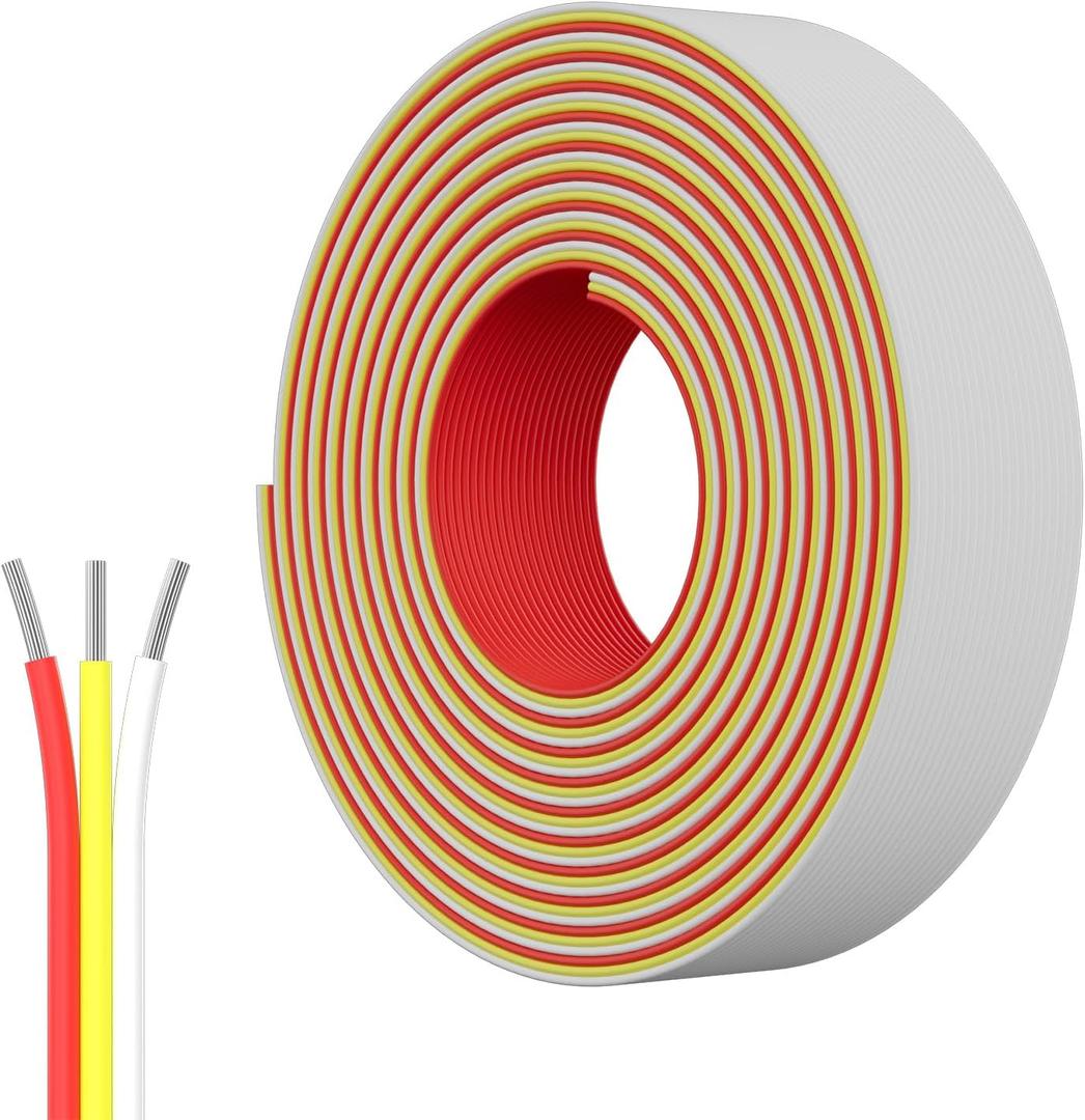 PAUTIX 65.6ft/20M Extension Cable Wire Cord,22AWG 3-pin Wire Cord for Single Color LED Strip Lights,COB/2835 Tape Lights,5V 12V 24V Low Voltage Extension,Red,Yellow,White
