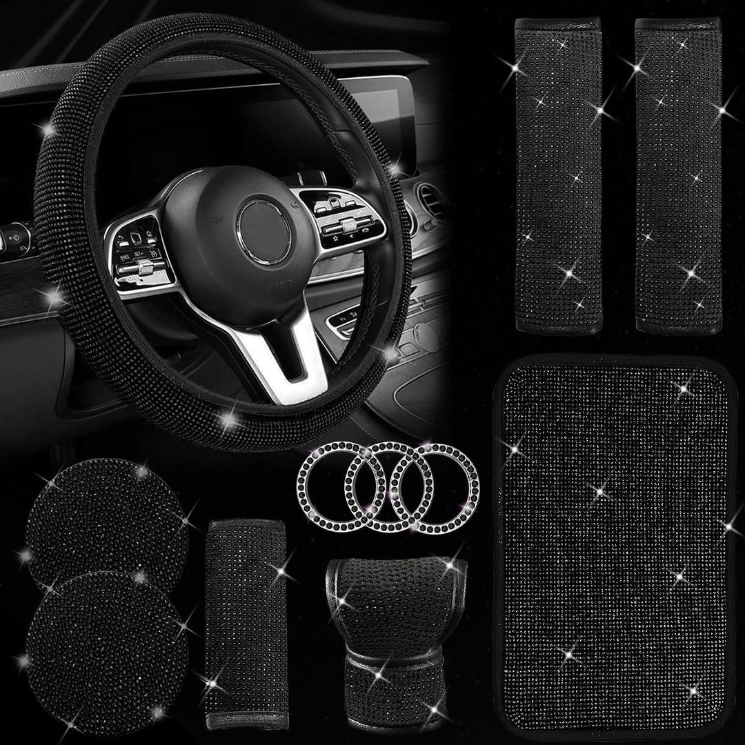 11 Pcs Bling Car Accessories Set,Bling Car Accessories Set for Women,Steering Wheel Cover for Women Universal Fit 15 Inch,Rhinestone Center Console Cover(Black)