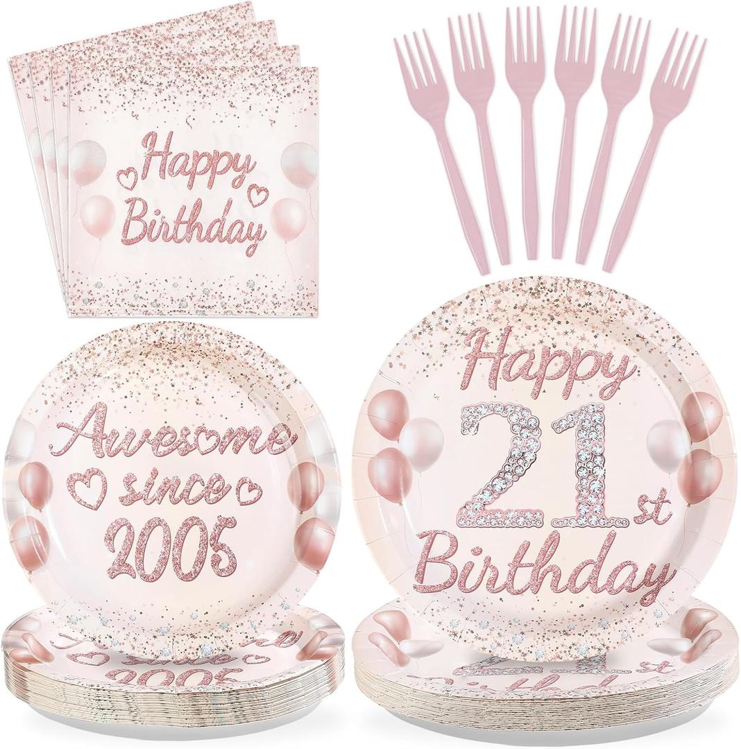 96 Pcs 21st Birthday Party Supplies for Women Rose Gold 21 Years Old Paper Plates and Napkins Tableware Set Disposable 21st Birthday Decorations for Ladies Women 21 Years Old Party Serves 24