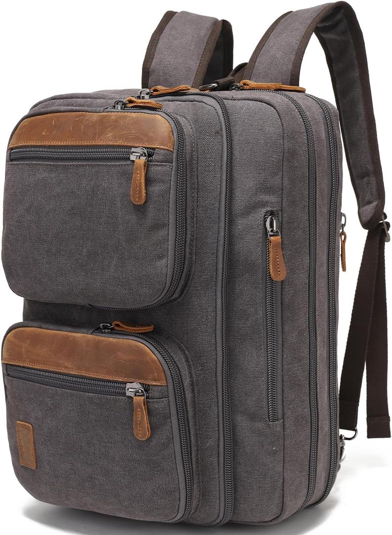 3 In 1 Messenger Bag for Men: 18.5'' Canvas Mens Laptop Computer Bag Backpack with Multiple Pockets & Laptop Sleeve & USB Port for Men Work, Carry On Crossbody Bag for Notebook, (Brown Grey)