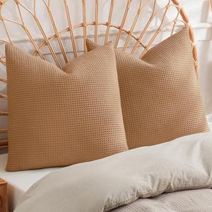 PHF 100% Cotton Waffle Weave Euro Shams 26"X26", No Filling, 2 Pack Elegant Home Decorative Euro Throw Pillow Covers for Bed Couch Sofa,Standstone