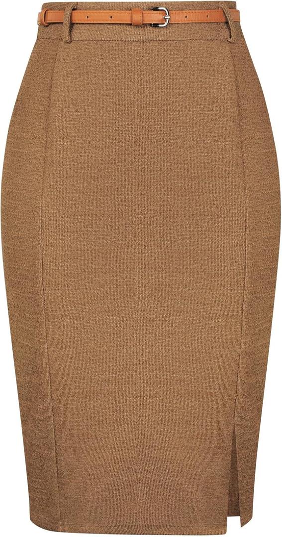 Kate Kasin Women's Tweed Pencil Skirt Knee Length High Waisted Skirts with Slit Elegant Skirts with Belt (Medium)