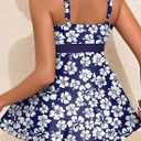 Aleumdr Women Printed Two Piece Tankini Swimsuits Tummy Control Swim Dress High Waisted Boyshort with Pockets (Blue, XXL)