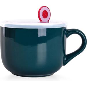 WHJY Simple Ceramic Soup Mugs with Lid, 22 oz Soup Cups with Handle, Microwave Oatmeal Bowl Coffee Mug with Lid and Handle for Milk, Tea, Fruit, Ice Cream Cereal Coffee - Dark Green