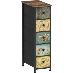 Tohomeor Narrow Storage Dresser Slim Dresser with Retro Flowers Fabric Drawers Vertical Skinny Cabinet for Small Spaces,Bathroom,Bedroom Closet Nightstand,Entryway Organizer (Retro Flower, 5 Drawers) (18.9"D x 9.8"W x 34.7"H (5 Drawers))