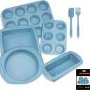 7in1 Silicone Bakeware Baking Set, Kitchen Bake Pans Molds Tray for Oven with BPA Free Round/Square Cake Pan, Loaf Pan, Muffin Pan for Bread Pizza Cheesecake Cupcake Pie Desserts (Blue)