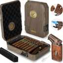 Travel Cigar Humidor Case - Cedar Lined, V Cut Cutter, Portable Humidor with Humidifier & Hygrometer, Holds 7-9 Cigars, Includes Lighter - Gift Set (Dark wood)