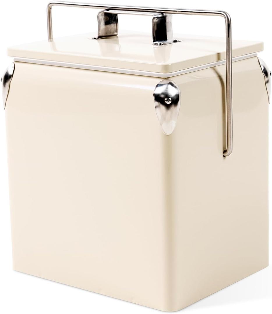Retro Cooler 14 Quart - Portable Metal Vintage Ice Chest with Bottle Opener, Waterproof Stainless Steel Cooler, Outdoor Ice Bucket for Camping, Picnic, Beach, BBQ, Tailgating & Fishing