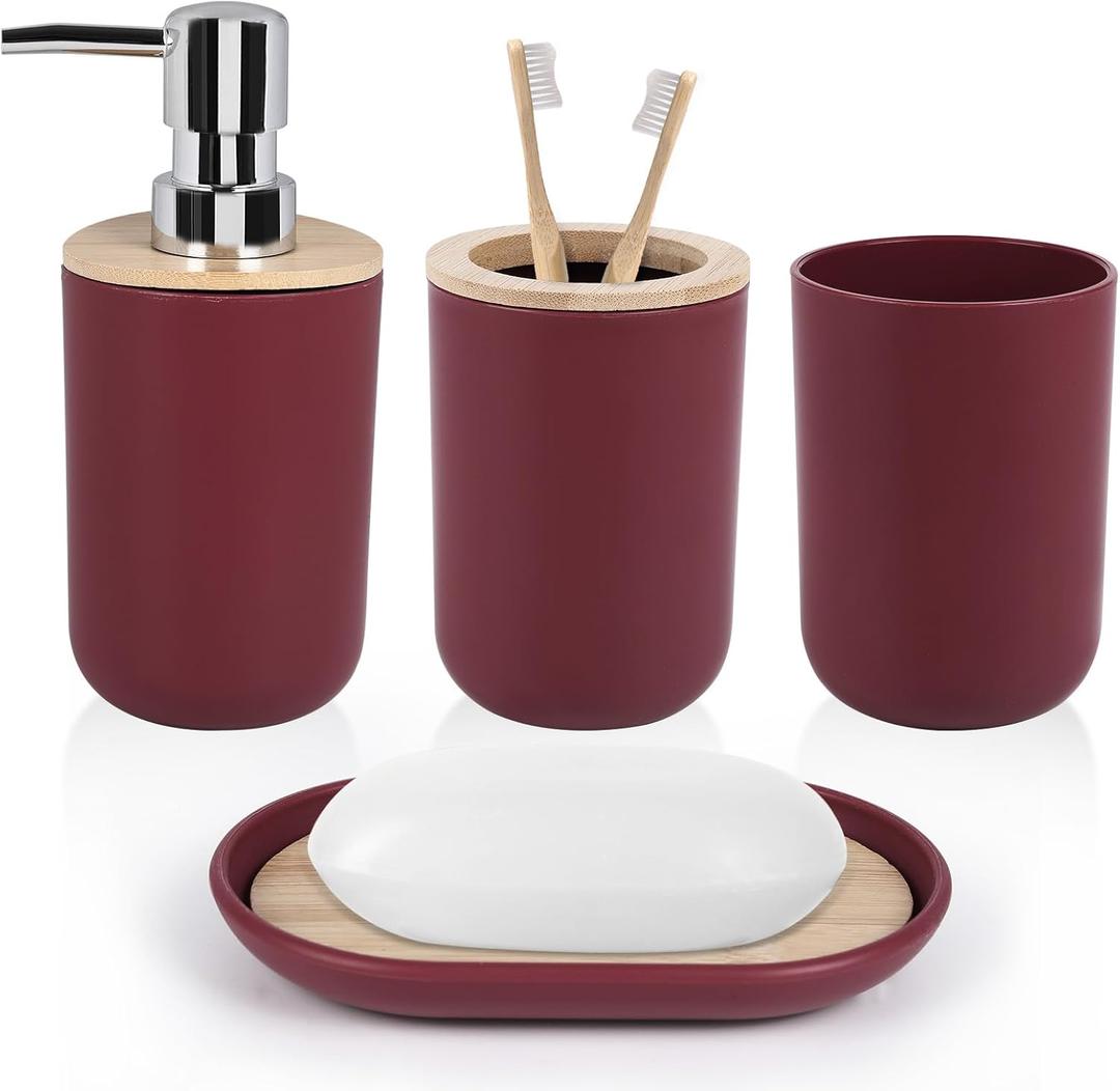 4 Piece Bathroom Accessories Set, Plastic Bathroom Accessory Set, Toothbrush Holder, Toothbrush Cup, Soap Dispenser, Soap Dish, Bamboo Lids Wine Red