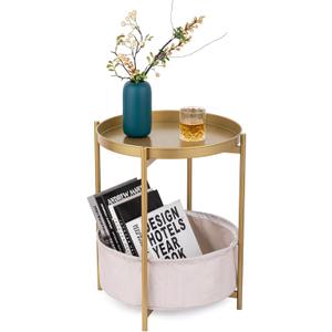 Round Side Table with Fabric Storage Basket, Metal Nightstand with Removable Tray Top, for Living Room, Bedroom, Nursery, Bathroom, Small