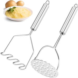 2 Pcs Potato Masher for Potatoes, Heavy Duty Stainless Steel Integrated Kitchen Tool, Silver-Set