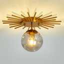 UOFUS Gold Sunburst Semi Flush Mount Ceiling Light Fixture with Glass Globe 1-Light Small Chandelier Farmhouse Ceiling Lamp for Hallway Stairwell Foyer Office Entryway