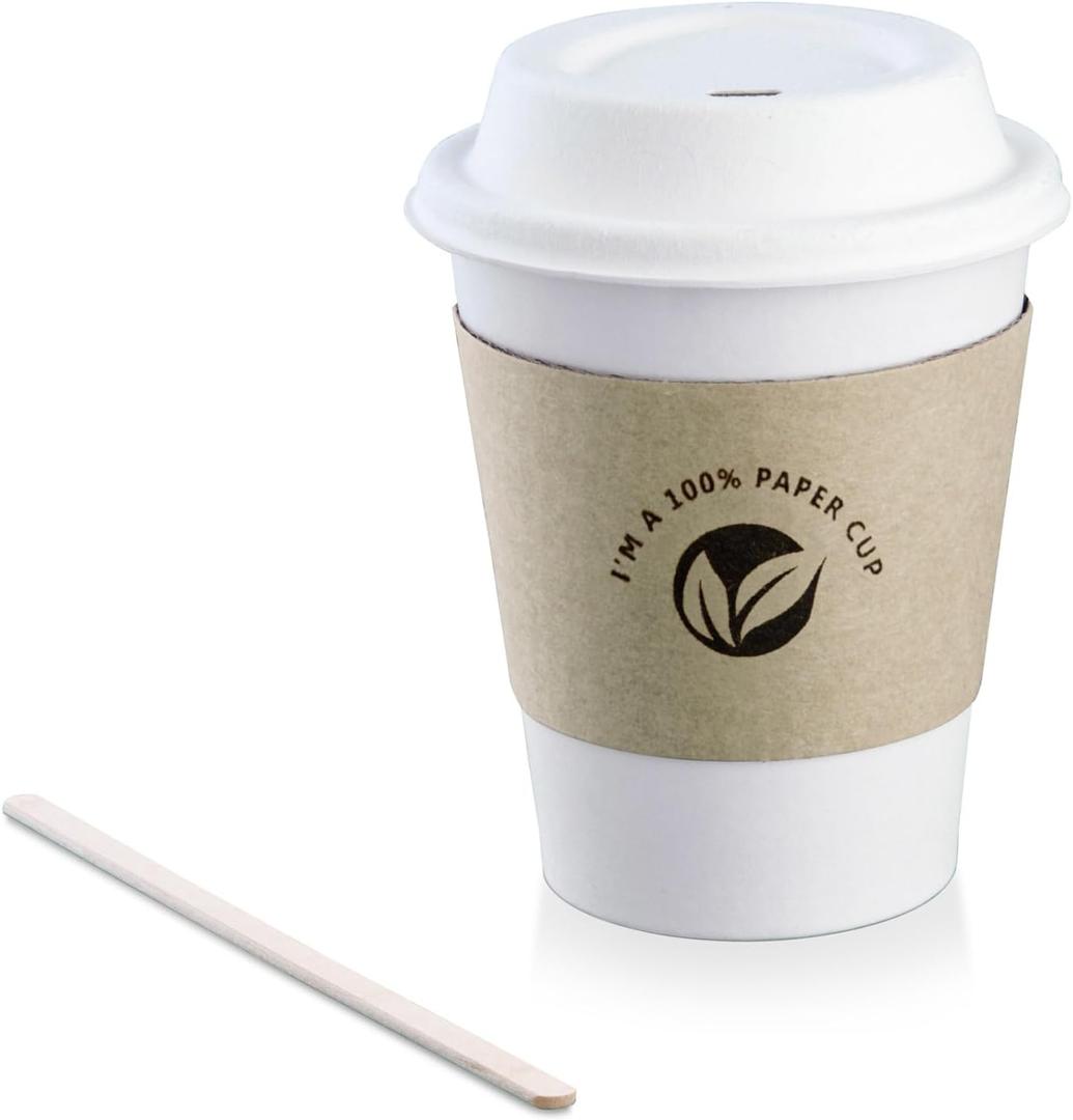 KTOB [100 pack] 12 oz Compostable Coffee Cups with Lids, Kraft Sleeves and Wooden Stirrer Sticks, Eco Friendly Disposable White Paper Cups Combo for Hot Beverage