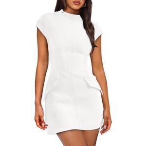 OFEEFAN Womens Summer Dress Mock Neck Short Sleeve Bodycon Party Club Mini Dresses (Medium, White)