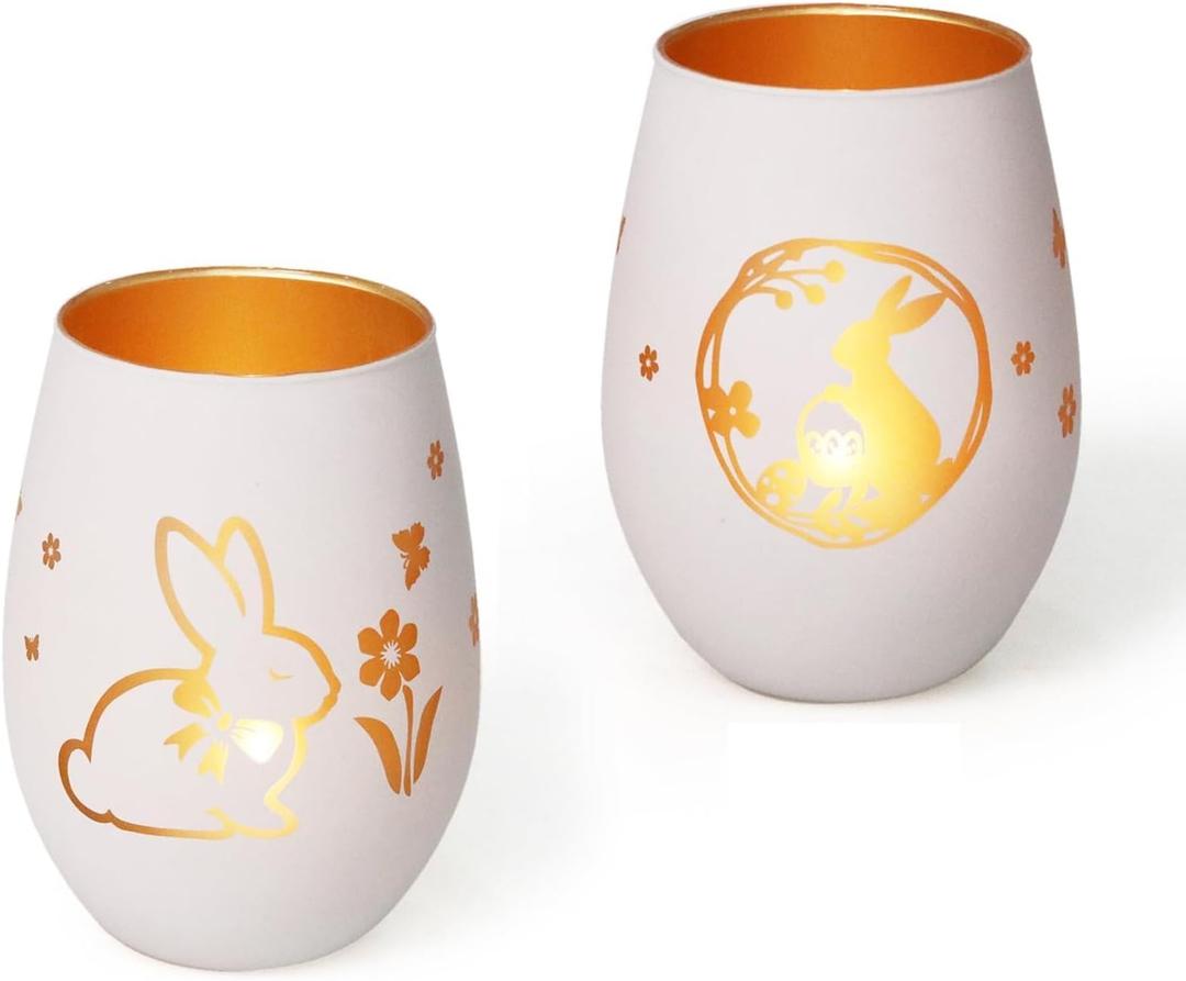 Easter Candle Holder, Frosted Egg-Shaped White Glass Tealight Votive Candle Holder with Bunny & Flower Design, Aesthetic Easter Decorations for Table, Spring Table Centerpiece, Easter Gift
