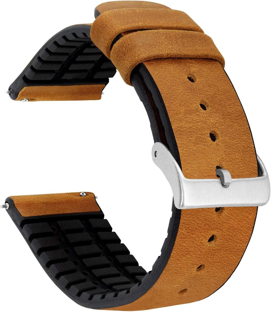 BARTON Leather and Rubber Hybrid Straps with Integrated Quick Release Spring Bars - 316L Stainless Steel - Choose Color - 18mm, 20mm & 22mm Watch Bands (Cedar)
