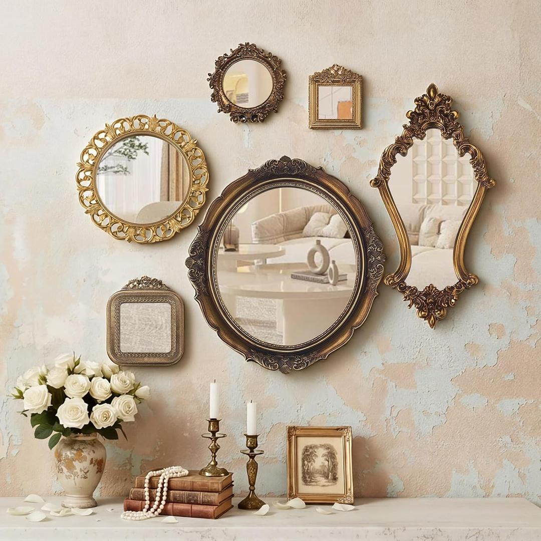 Beeveer 6 Pcs Vintage Gold Wall Mirror Set Luxury Gallery Wall Mirror Decorative Hanging Antique Decor for Living Room Entryway Wedding Bedroom Bathroom Victorian Decor (Baroque,Gold)