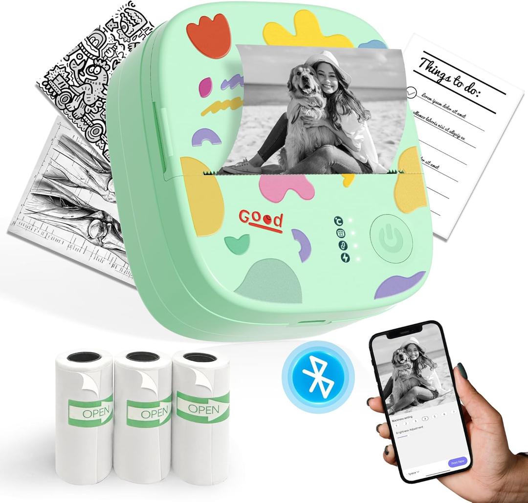 Mini Sticker Printer AHM2, Mini Thermal Printer with 3 Rolls Paper, Portable Bluetooth Inkless Printpods, Pocket Label Maker Suitable for Kids Creative DIY, Diaries, Photos, Study Notes-Green