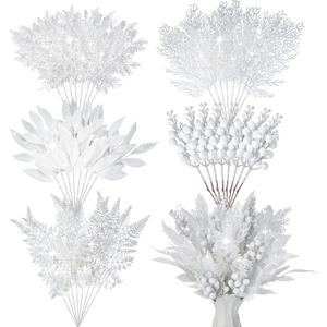 Moucuny 75 Pcs Christmas Glitter Picks Artificial Christmas Tree Picks and Sprays for Tree 5 Styles Berries Stems Cedar Bay Leaves Fern Pine Branches for Vase Fillers Wreath Garland(White)