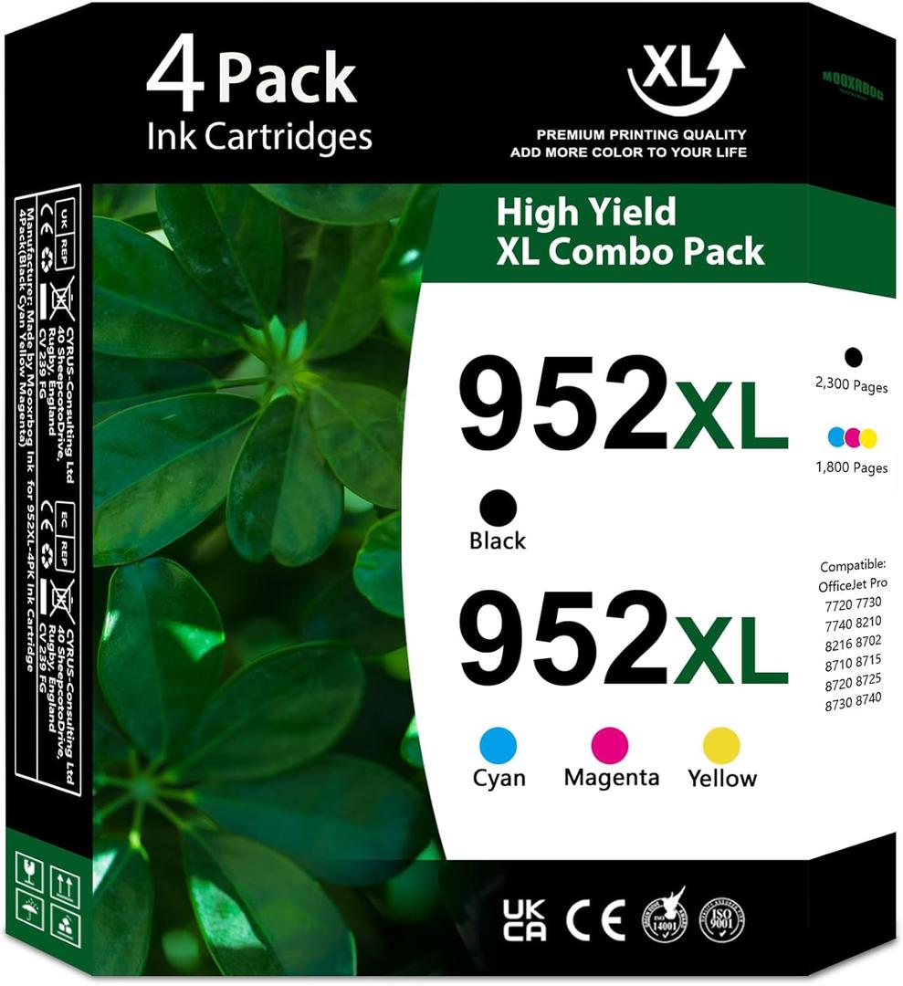 952XL High-Yield Ink Cartridges Combo Compatible 952 952XL Ink Cartridge Replacement for HP OfficeJet Pro 7740 7720 8210 8710 8720 8702 8725 Printer (4-Pack, 1Black/1Cyan/1Magenta/1Yellow)