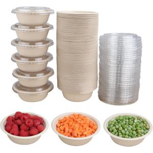 12 oz Round Disposable salad bowls with lids, Sugarcane Fiber Paper Bowls take away food containers Plant Fibers Freezer Safe 50 Pack