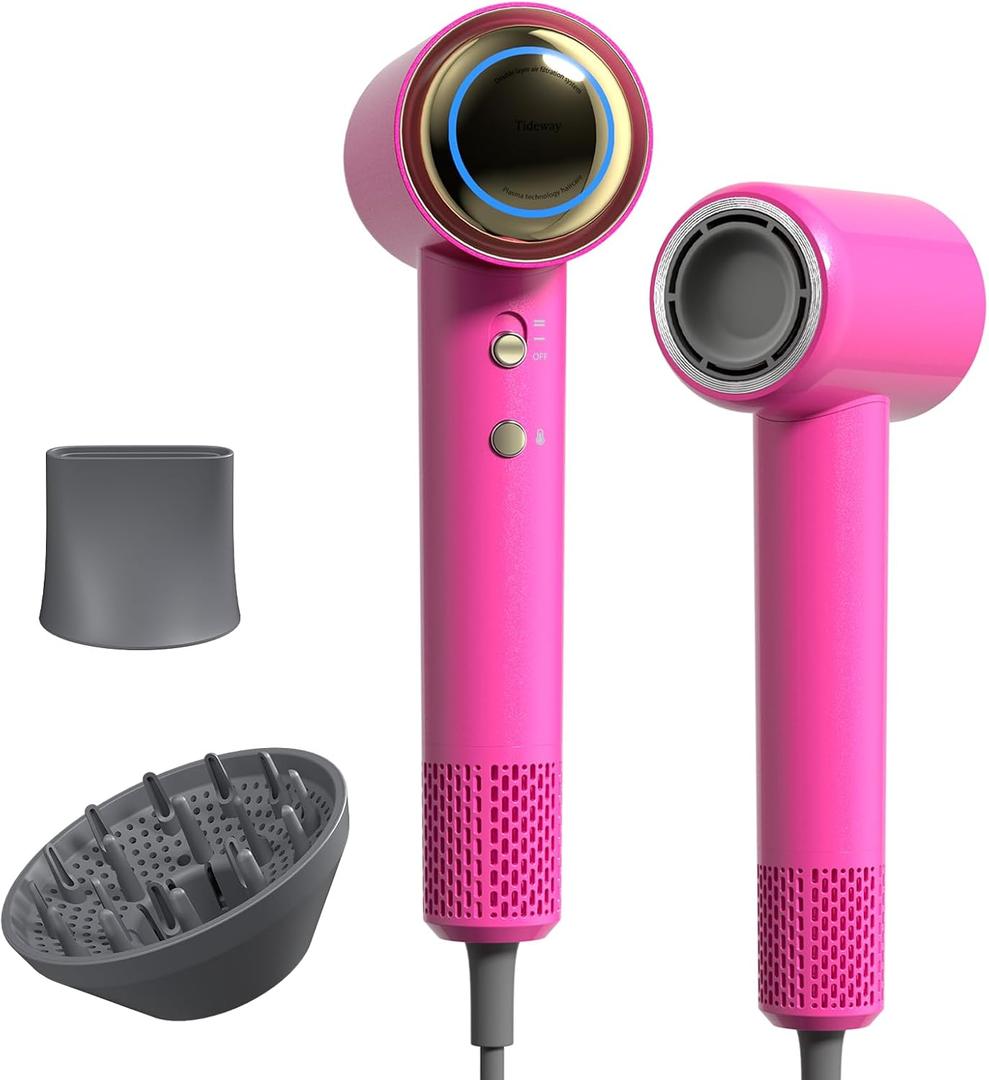 Tideway Hair Dryer Professional High-Speed Ionic Blow Dryer 110,000 RPM, Compact Hair Dryer with Magnetic Diffuser, Fast Drying with Brushless Motor Low Noise Smart Temperature Control-H11 (PINK)