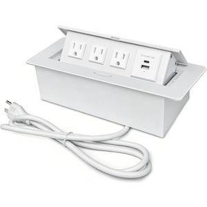 Power Hub for Conference Table PD20W USB-C Fast Charging Pop Up Power Strip with 3AC Outlets Connection Box for Conference Room Kitchen Countertop, White