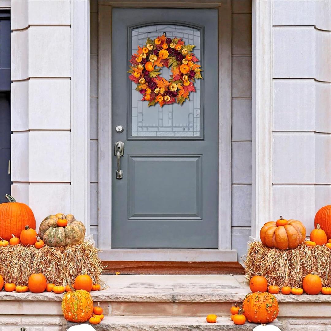 24 Inch Fall Wreath Autumn Front Door Wreath Harvest Wreath with Various Pumpkin Cluster of Maple Leaves for Outside Indoor Wall Window Festival Thanksgiving Autumn Fall Decor