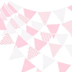 GCQQ 39Ft Pink White Party Decoration, 42Pcs Large Striped and Checkered Fabric Banner Garland, Triangle Banner Flags for Valentine's Pink Party, Wedding, Bridal Baby Shower, Home Nursery Decoration