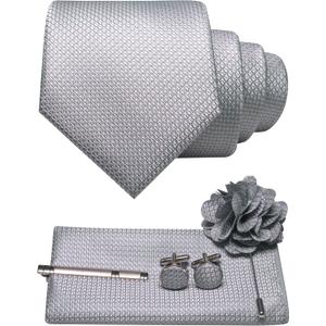 JEMYGINS Mens Tie and Lapel Pin Necktie Pocket Square Cufflinks and Tie Clip Sets for Business Casual 5PCS (Silver)
