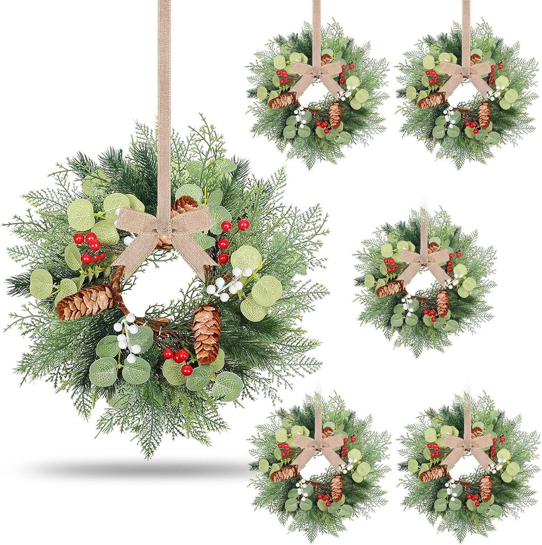 6 PCS Christmas Mini Cabinet Wreath for Kitchen with Ribbon Artificial Eucalyptus Cedar Hanging Garland with Red Berries Pine Cones for Swag Table Centerpiece Door Window Chair Wall Winter Decor