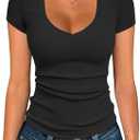 Albe Rita Women Short Sleeve T-Shirt Cap V Neck Shirts for Women Ribbed Casual Top Knit Slim Fit for Summer (Black, XXL)