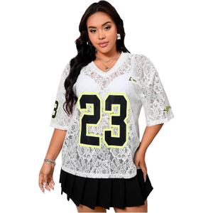 Verdusa Women's Plus Size Floral Lace Jersey Shirts Sheer Half Sleeve V Neck Number Shirt (XX-Large Plus, White) Verdusa Women's Plus Size Floral Lace Jersey Shirts Sheer Half Sleeve V Neck Number Shirt (XX-Large Plus, White)