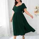 SCOMCHIC Women Plus Size Dresses Short Sleeve Sweetheart Neckline Wedding Guest Cocktail Smocked A Line Slit Maxi Dress (XL)