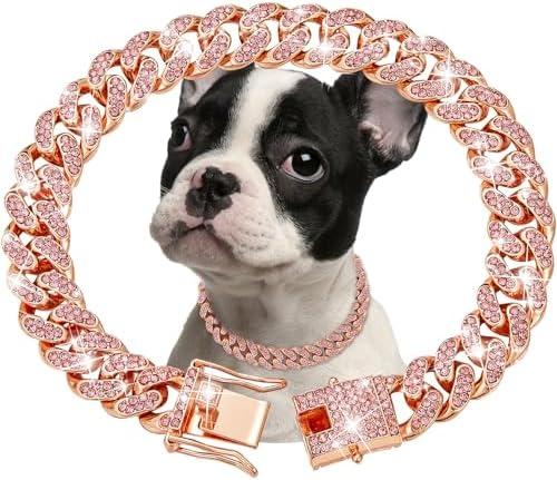 Pack Of 2 Rosegold Dog Chain Collar Diamond Cuban Link Dog Collar 13mm Wide Dog Necklace Metal Cat Chain Pet Crystal Collar Jewelry Accessories for Small Medium Large Dogs Cats (10 inch)