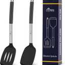 HOTEC Silicone Spatula Set of 2 Heat-Resistant 600F & BPA-Free Kitchen SaptulaTurner with Stainless Steel Handles, Slotted & Solid Spatulas for Nonstick Cookware, 13.7 Inch, Black
