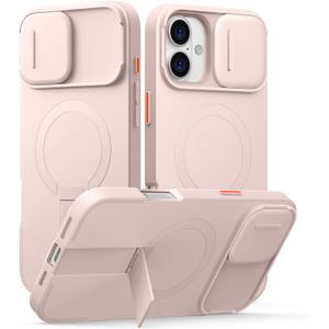 SURITCH for iPhone 16 Plus Case with Magnetic Camera Slide Cover and Adjustable Kickstand, Compatible with MagSafe, Shockproof Bumper Case Slim Protective Cover for iPhone 16 Plus 6.7 Inch, Pink