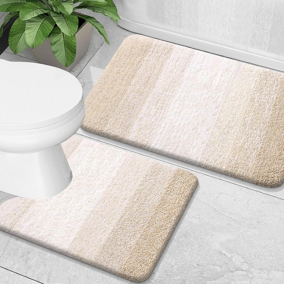 OLANLY Bathroom Rug Set 2 Piece, Soft Absorbent Microfiber Bath Mats and U-Shaped Contour Toilet Rug, Non-Slip, Machine Wash Dry, Plush Shaggy Bath Mats for Bathroom (30"x20"+24"x20", Light Beige)