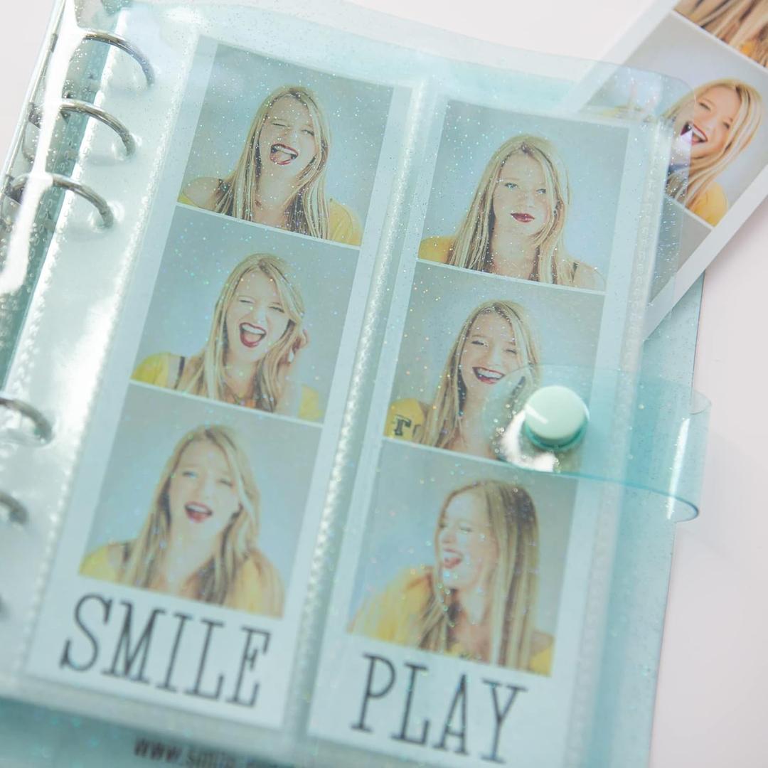 Photo Booth Photo Album - 6 Ring Glitter Notebook Sparkle Binder With 20 2x6 Photo Sleeves - Fits 80 Slide In Photobooth Strips (2x6, SEAFOAM)