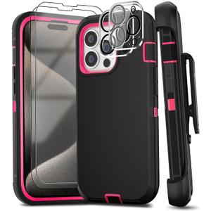 for iPhone 15 Pro Max Case with Belt Clip Kickstand Holster, 2 Camera Lens Protector & 2 Screen Protector, Heavy Duty Full Body Protective Phone Case 6.7" (Belt Clip,Black Rose)