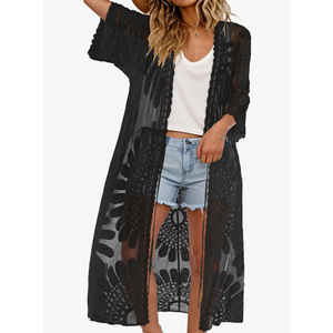Womens Swimsuit Coverup Lace Bathing Suit Cover Up Beach Kimonos Long Cardigan Open Front Swimwear Black One Size