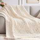 Negwoo Chunky Knit Throw Blanket, 50''*60'' Knitted Throw Chenille Yarn for Bed Couch, Handmade Cream Crochet Big Thick Blanket, Machine Washable Cute Comfy Blanket for Home Decor