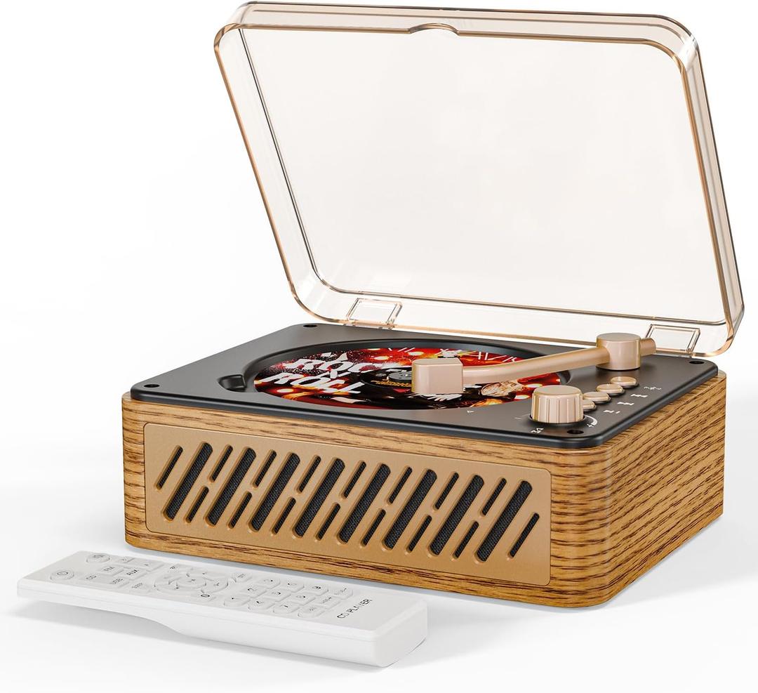 CD Player Music Box with Bluetooth Nostalgic Retro Portable CD Players for Home, HiFi Speakers Music Player FM Radio Wired and Remote Control-Walnut Yellow