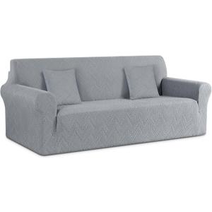 Ruaozz Stretch Sofa Cover 1 Piece Couch Covers for 3 Cushion Couch Non Slip Universal Sofa Slipcover Washable Soft Jacquard Furniture Protector with 2 pcs Throw Pillow Covers (3 Seater, Light Grey)