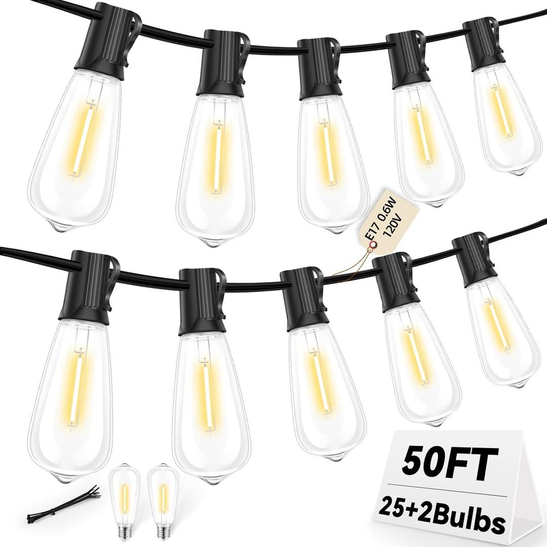 50FT Outdoor LED String Lights,Vintage ST40 LED Bulbs (25+2 Spare),Shatterproof Plastic,E17 Socket,2700K Warm White-Ideal for Patio,Porch,Deck,Gazebo,Bistro,Backyard,Wedding&Party Dcor